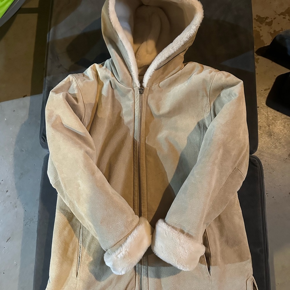 St. John's Bay Tan and Gray Faux Fur Jacket